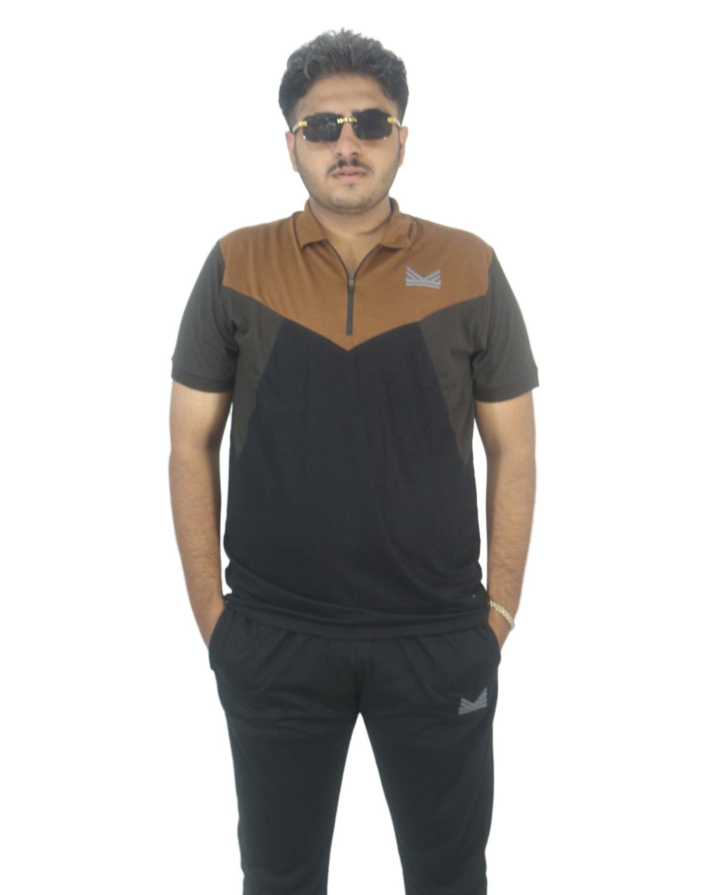 Person wearing a black and brown shirt on a white background