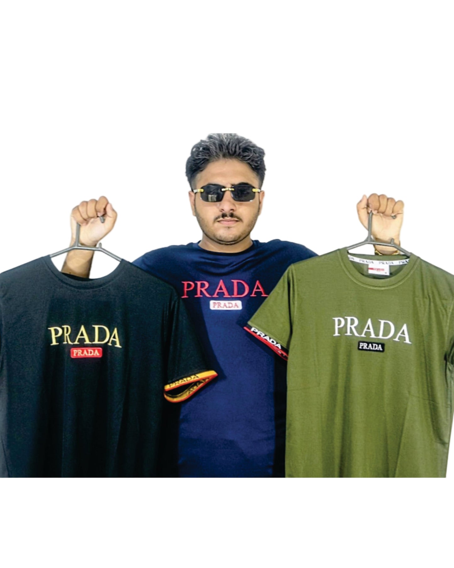 Man holding three Prada shirts in different colors against a white background
