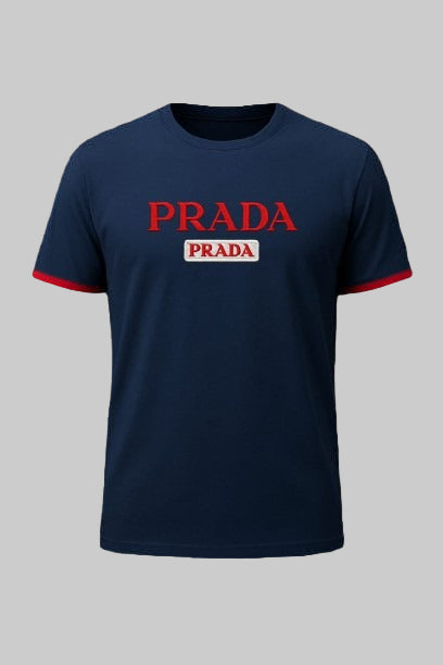 Navy blue t-shirt with red and white Prada logo on a black background