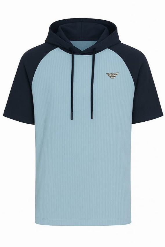 Light blue and black hoodie shown from front and back on a white background
