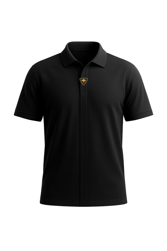Black polo shirt with a logo on a gray background