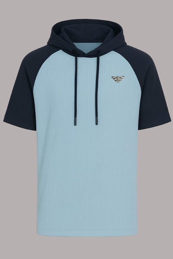 Light blue and black hoodie shown from front and back on a white background