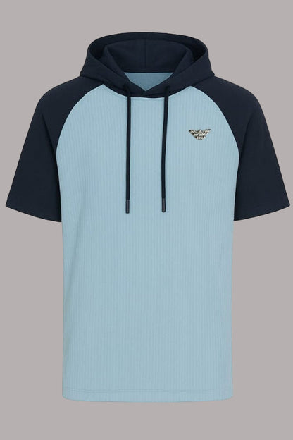 Light blue and black hoodie shown from front and back on a white background