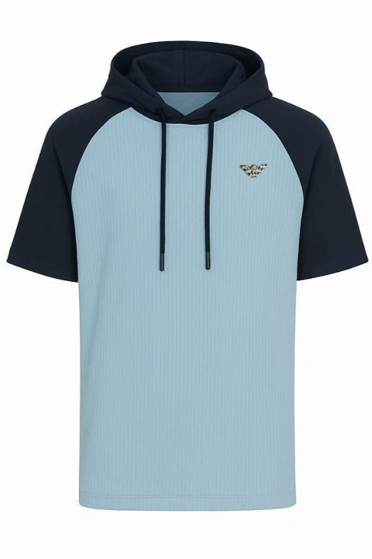 Light blue and black hoodie shown from front and back on a white background